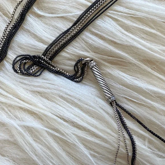 David Yurman Sterling Silver and Black Diamond Tassel Cable Chain Long Necklace - Picture 6 of 15